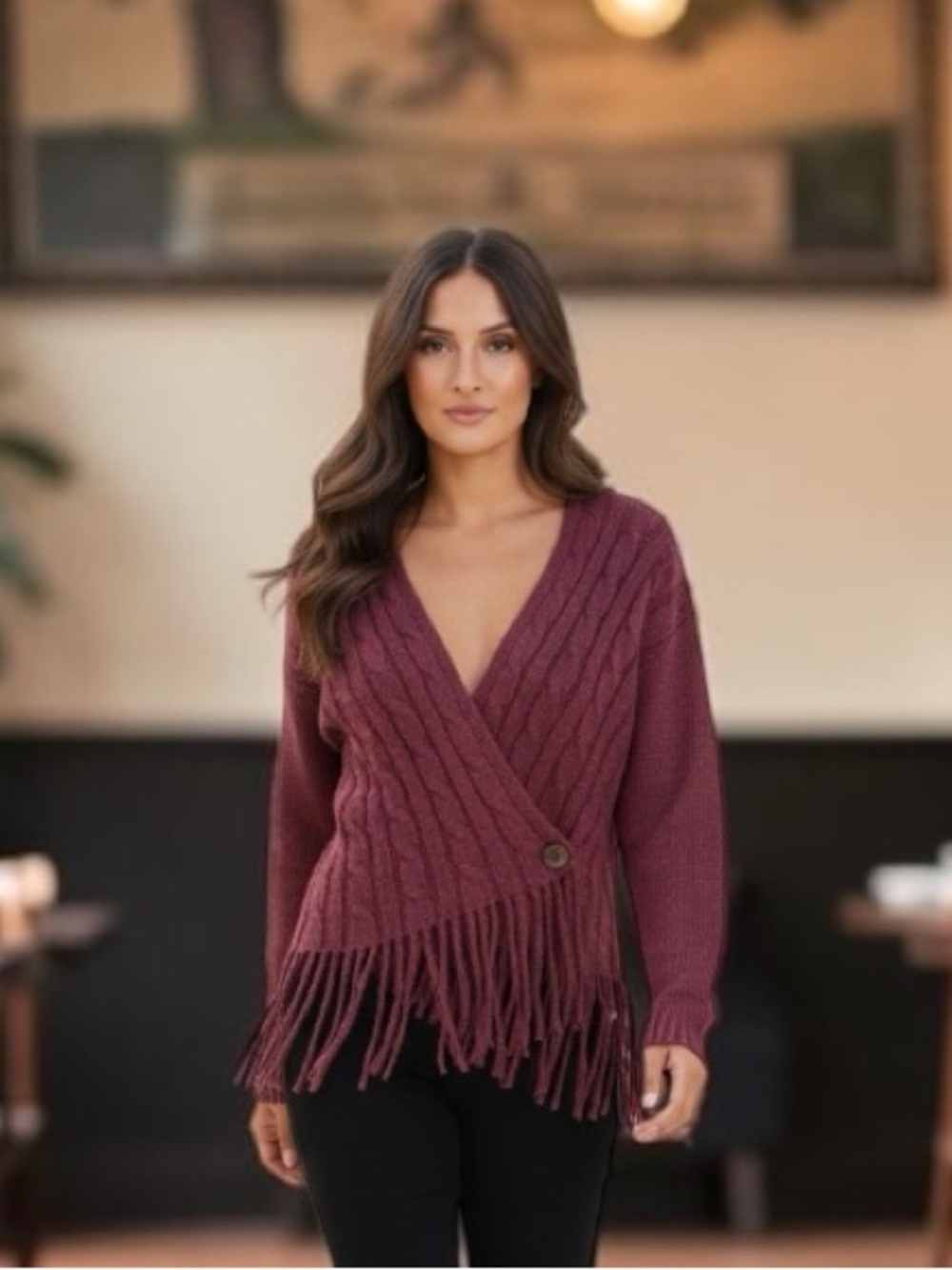 Fringe Cable Knit Wrap Sweater - Plum